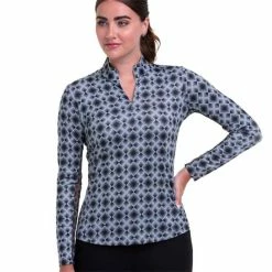 EPNY Ladies Long Sleeve Argyle Optical Zip Mock Black