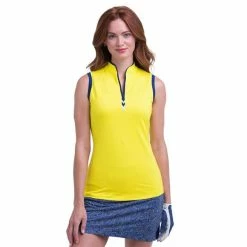 EPNY Ladies Sleeveless Contrast Trim Mandarin Collar Polo Sun Up Multi