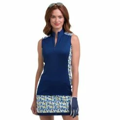 EPNY Ladies Zip Mock Patch Print Top Inky Multi