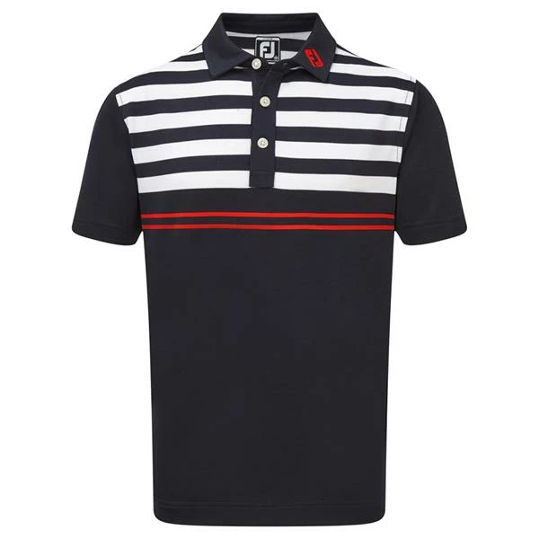 FootJoy Junior Smooth Pique With Graphic Stripes Polo Shirt Navy -White - Scarlet