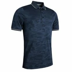 Glenmuir Gents Brody Camo Jacquard Collar And Cuffs Performance Polo Shirt Navy - Light Grey